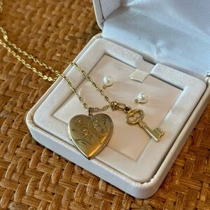 Heart shaped locket and earrings